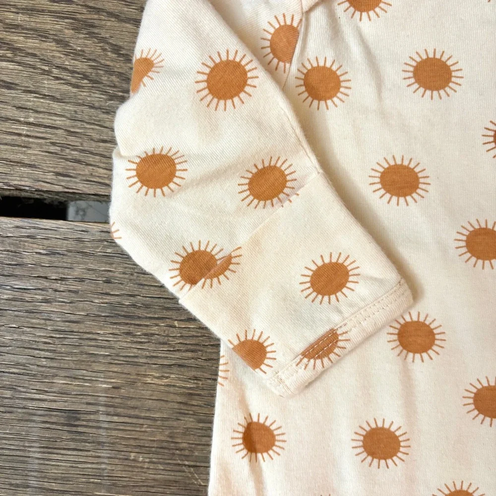 Sun Pattern Newborn Knotted Baby Gown Fold Over Hand Cuffs 100% Cotton Size 0-6m